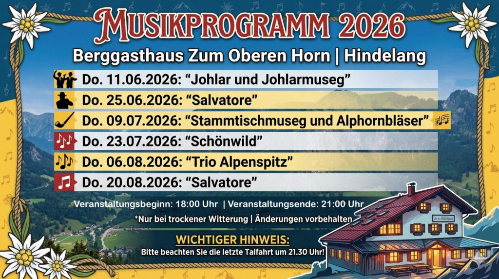 Veranstaltungen, Musiktermine 2026 am Berggasthaus zum oberen Horn
